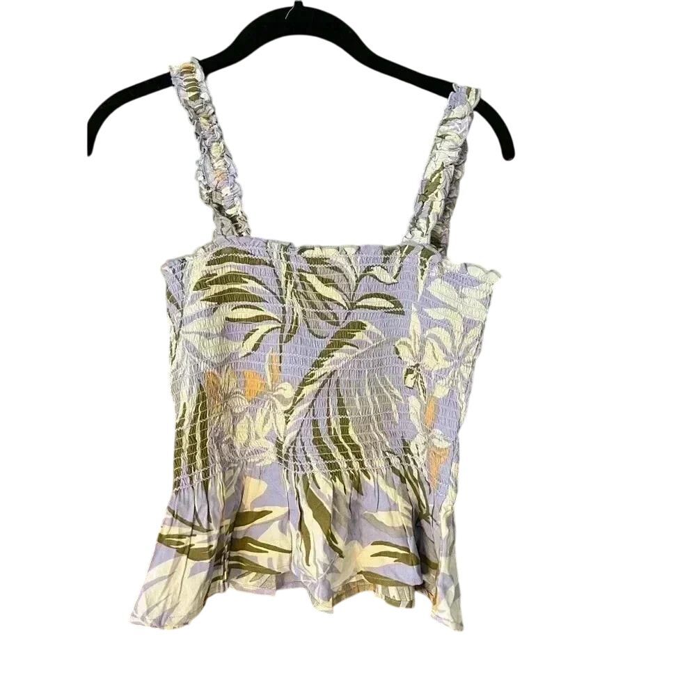 Tropical Palm Print Smocked Tank‎ Top with Ruffle Straps Summer Beach Vacation
